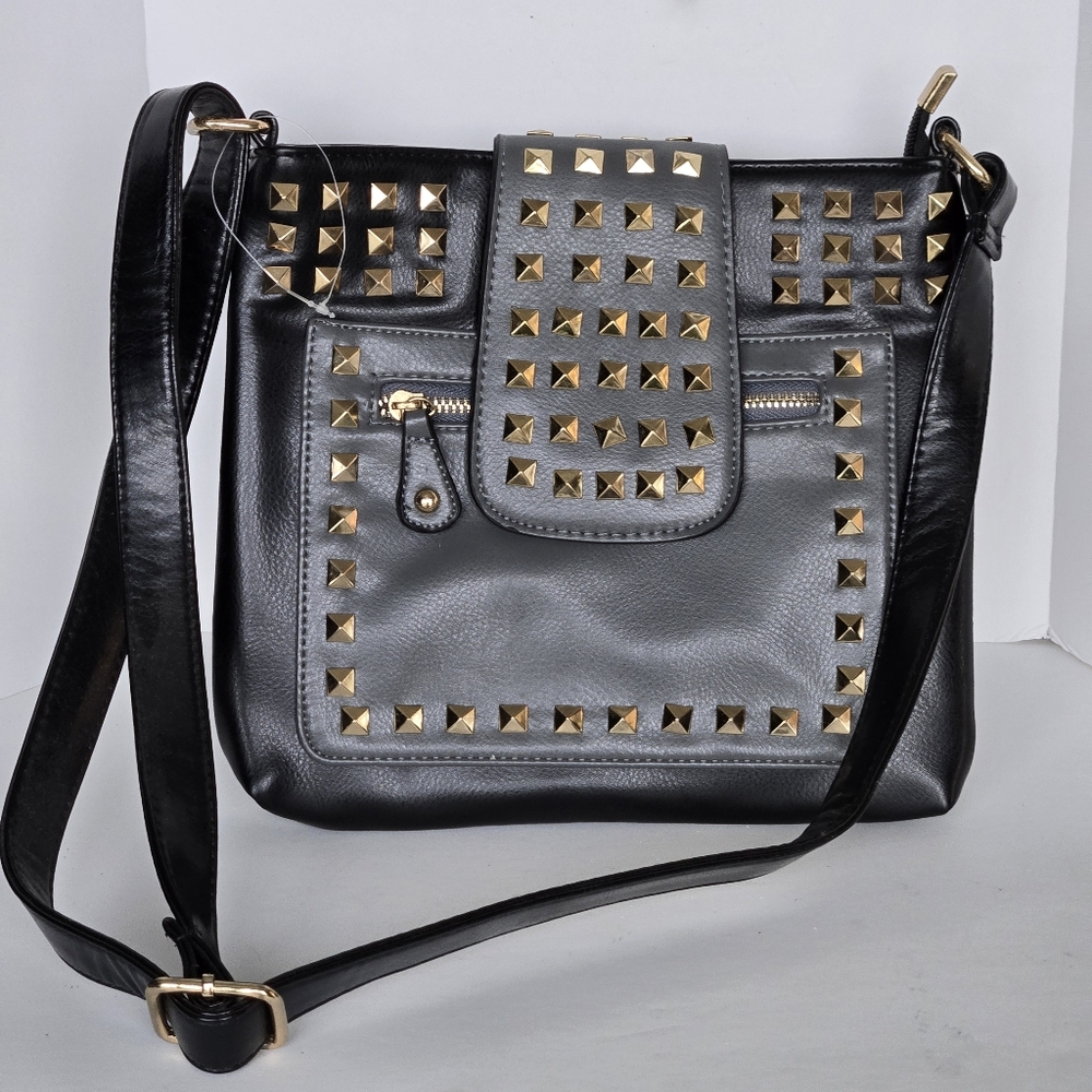 Studded Black Grey and Gold Women's Bag Faux Leather Cross-body Or Shoulder